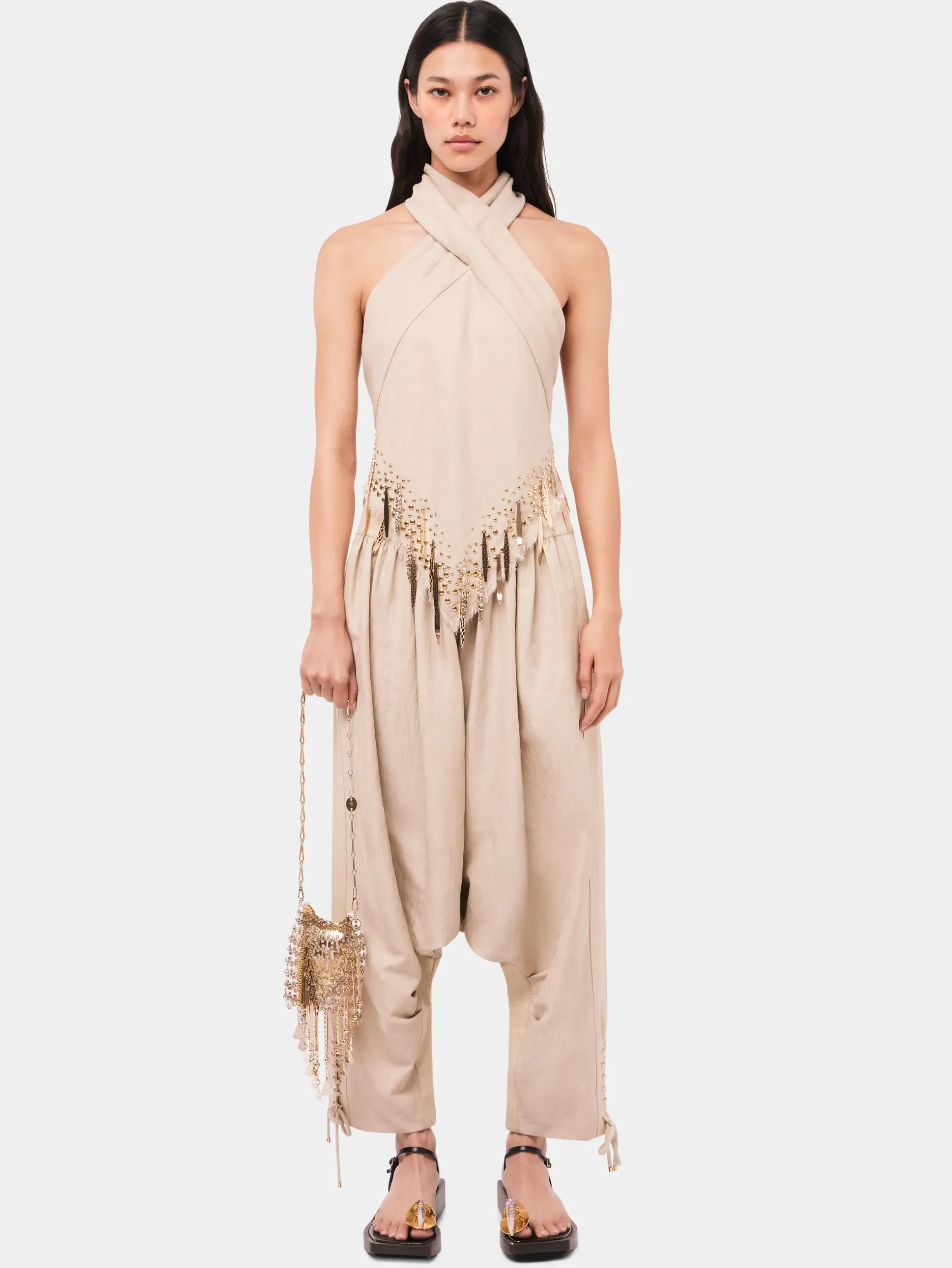 Sand colored top in wool embelished with metallic fringe details | Rabanne Store
