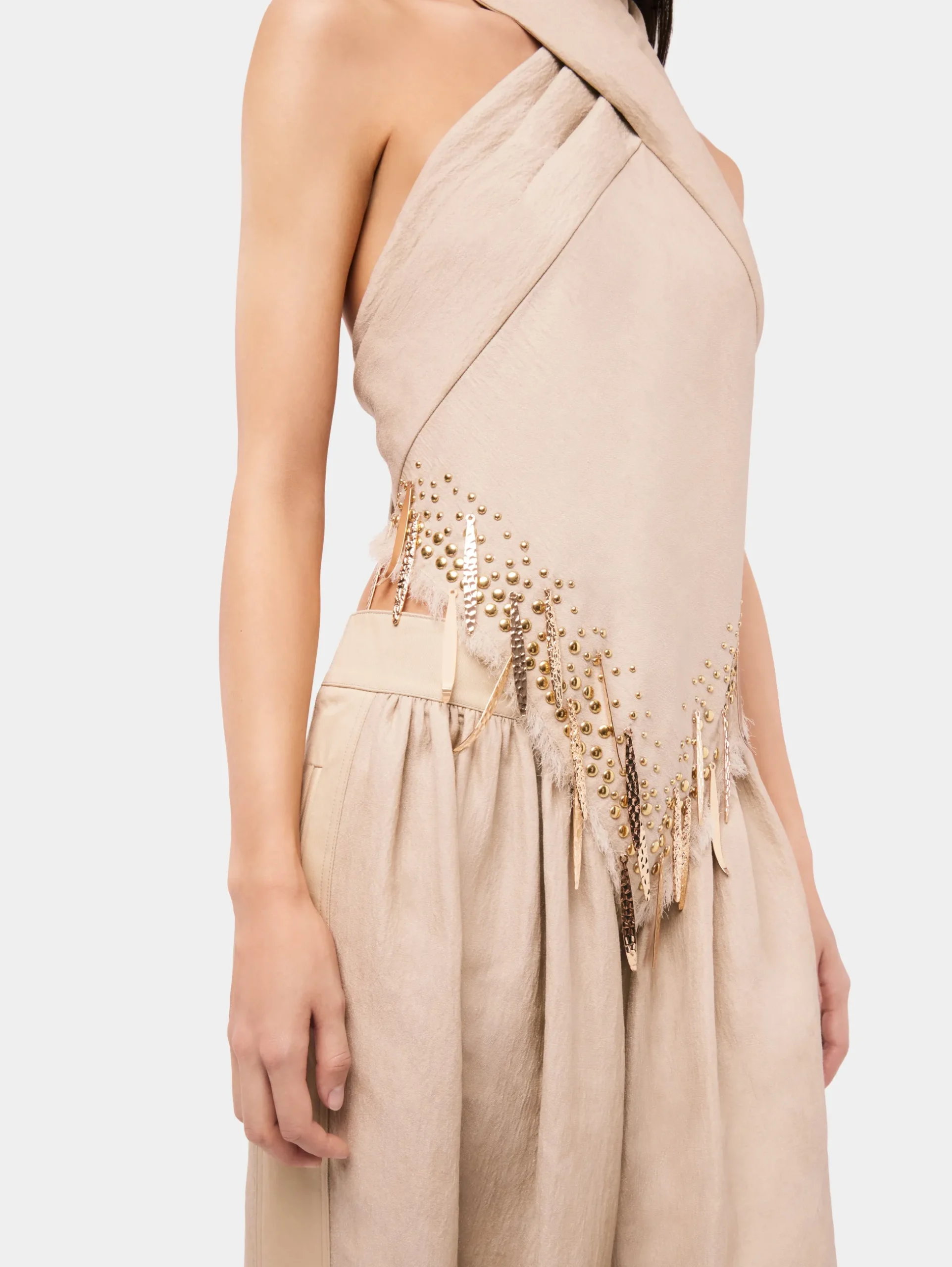 Sand colored top in wool embelished with metallic fringe details | Rabanne Store