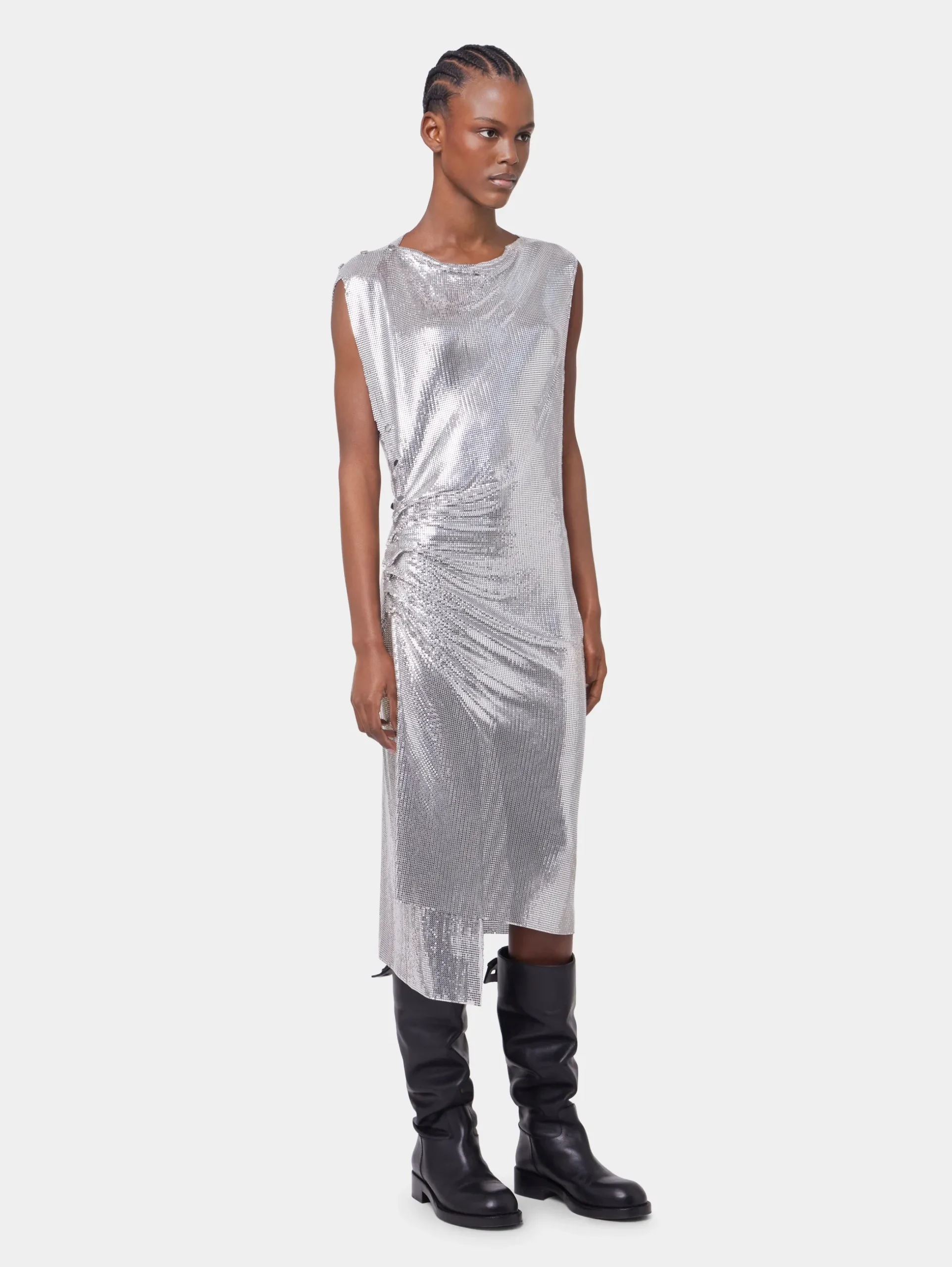 Silver drapé pression dress in chainmail | Rabanne Outlet