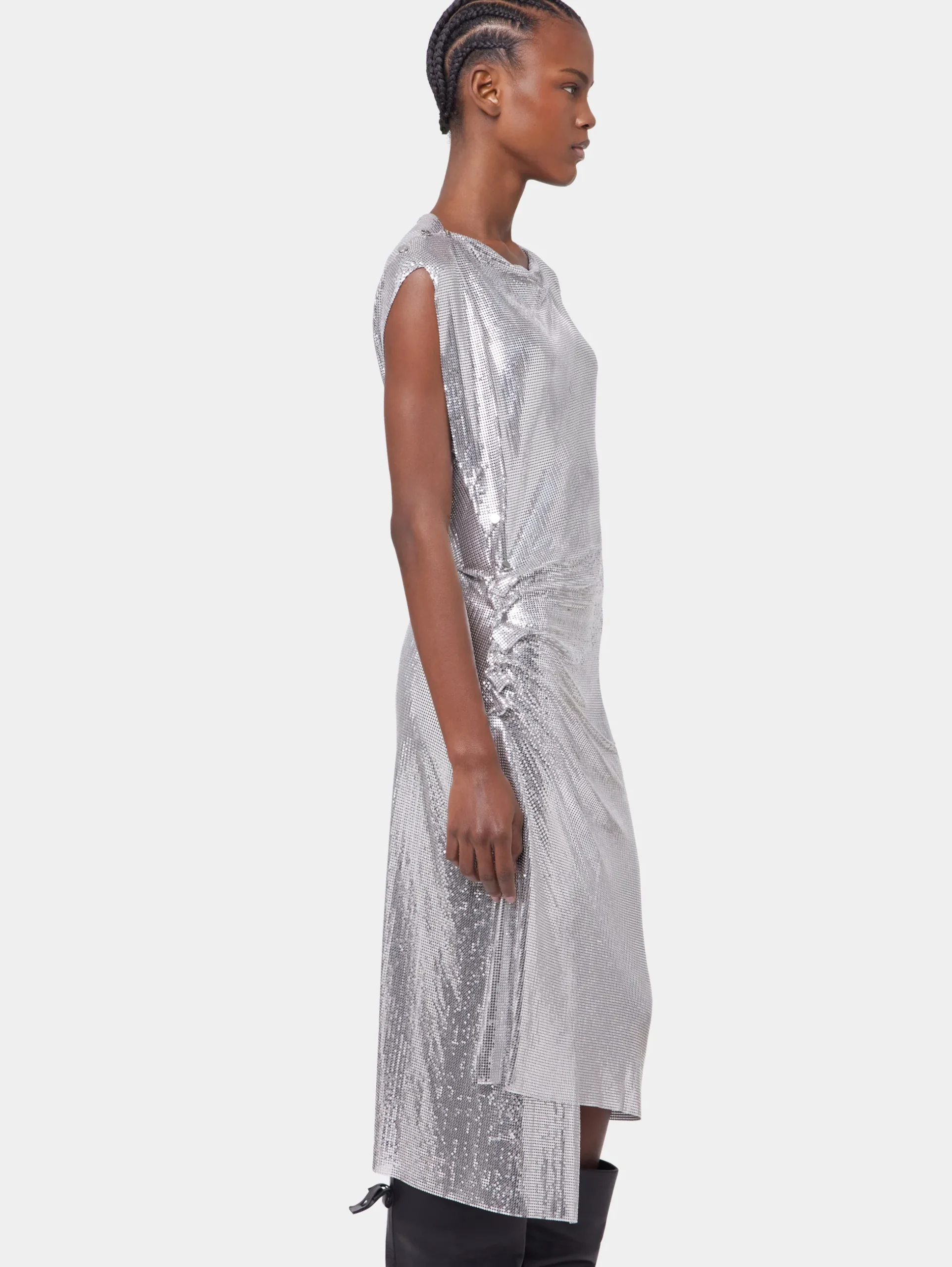 Silver drapé pression dress in chainmail | Rabanne Outlet