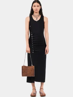 Sleeveless black drappé pression dress | Rabanne New