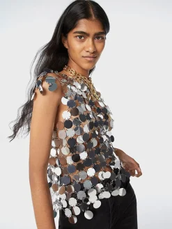 The iconic silver sparkle discs top | Rabanne Store